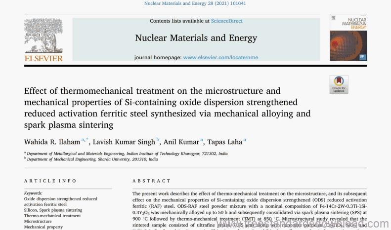 Effect of thermomechanical treatment on the microstructure and mechanical properties of Si-containing oxide dispersion strengthened reduced activation ferritic steel synthesized via mechanical alloying and spark plasma sintering