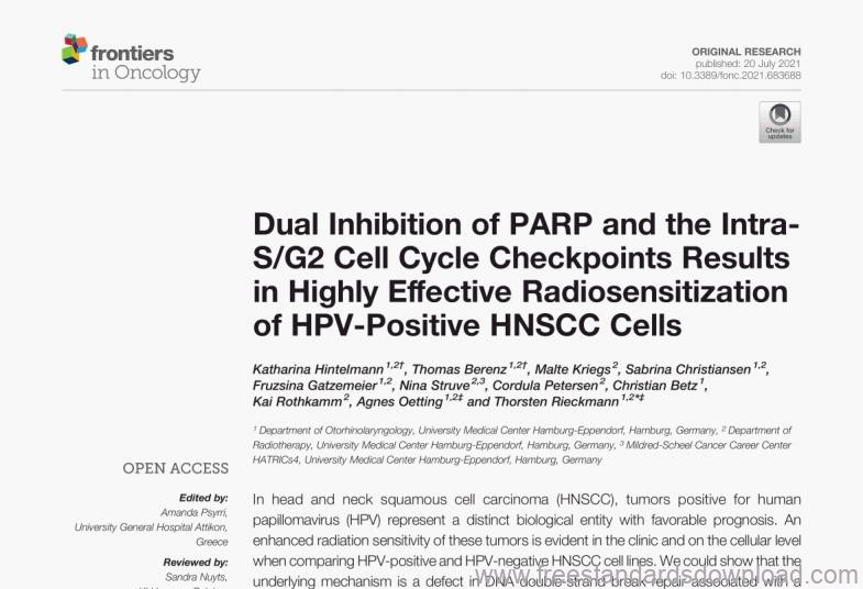 Dual Inhibition of PARP and the Intra-S/G2 Cell Cycle Checkpoints Resultsin Highly Effective Radiosensitizationof HPV-Positive HNSCC Cells